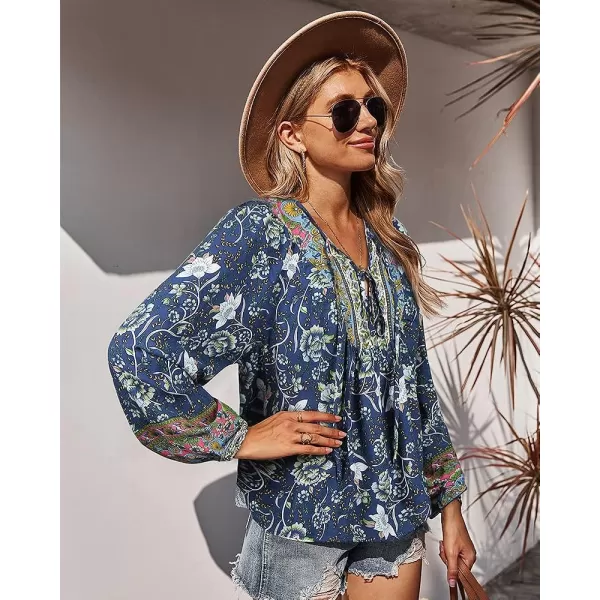 imagePRETTYGARDEN Womens Floral Ruffled Tunic Blouse Tie V Neck Casual Long Sleeve Babydoll Peplum Tops01navy