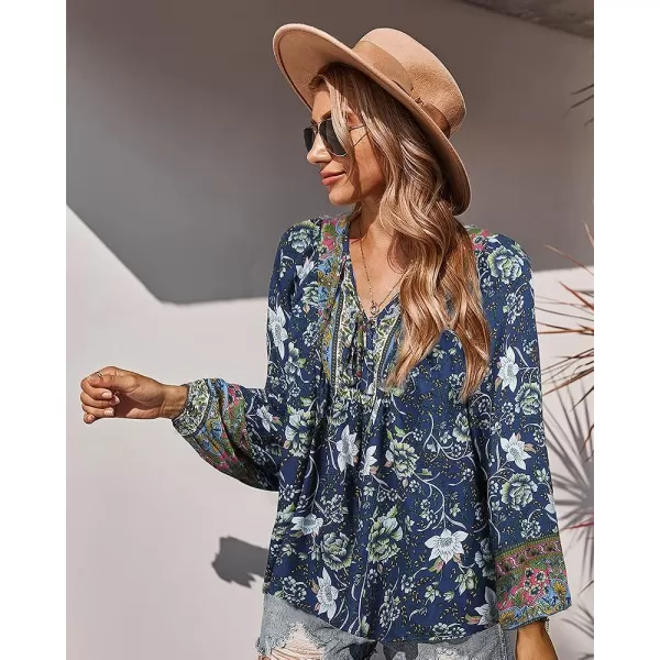 imagePRETTYGARDEN Womens Floral Ruffled Tunic Blouse Tie V Neck Casual Long Sleeve Babydoll Peplum Tops01navy