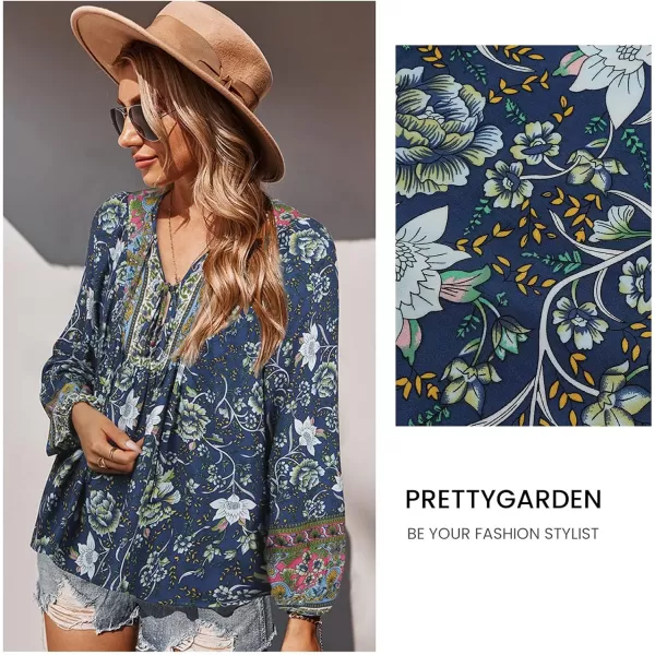 imagePRETTYGARDEN Womens Floral Ruffled Tunic Blouse Tie V Neck Casual Long Sleeve Babydoll Peplum Tops01navy