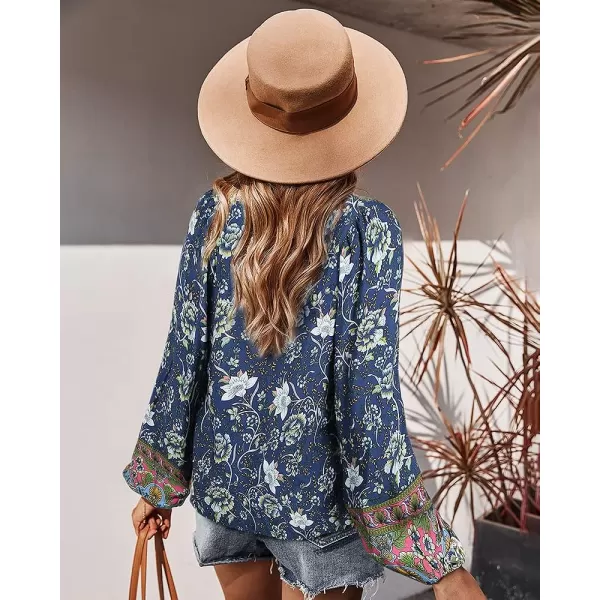 imagePRETTYGARDEN Womens Floral Ruffled Tunic Blouse Tie V Neck Casual Long Sleeve Babydoll Peplum Tops01navy