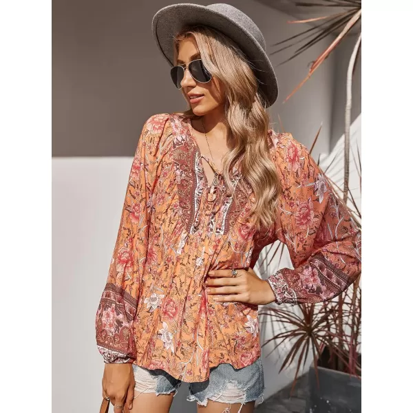 imagePRETTYGARDEN Womens Floral Ruffled Tunic Blouse Tie V Neck Casual Long Sleeve Babydoll Peplum Tops01orange