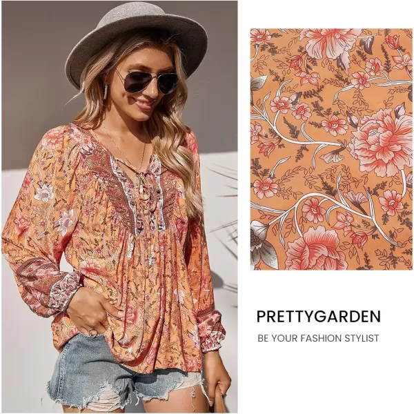 imagePRETTYGARDEN Womens Floral Ruffled Tunic Blouse Tie V Neck Casual Long Sleeve Babydoll Peplum Tops01orange