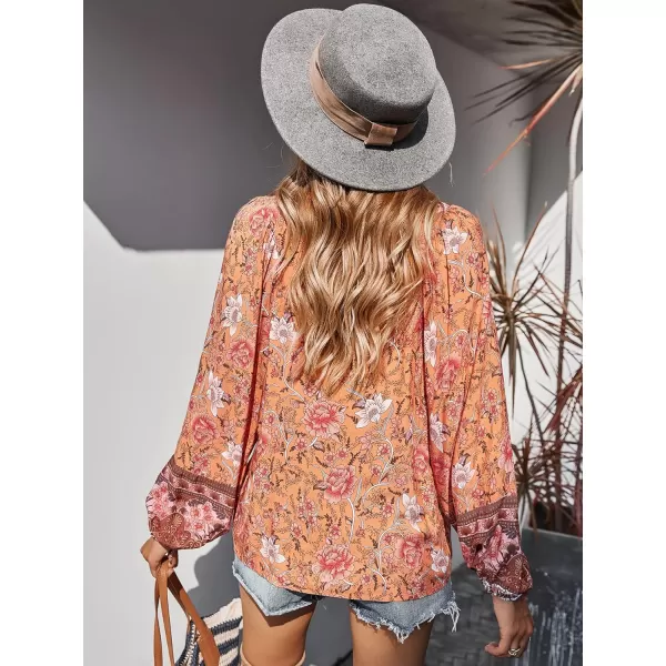 imagePRETTYGARDEN Womens Floral Ruffled Tunic Blouse Tie V Neck Casual Long Sleeve Babydoll Peplum Tops01orange