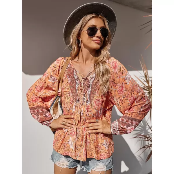 imagePRETTYGARDEN Womens Floral Ruffled Tunic Blouse Tie V Neck Casual Long Sleeve Babydoll Peplum Tops01orange