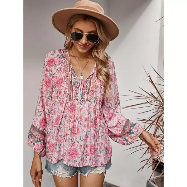 imagePRETTYGARDEN Womens Floral Ruffled Tunic Blouse Tie V Neck Casual Long Sleeve Babydoll Peplum Tops01pink