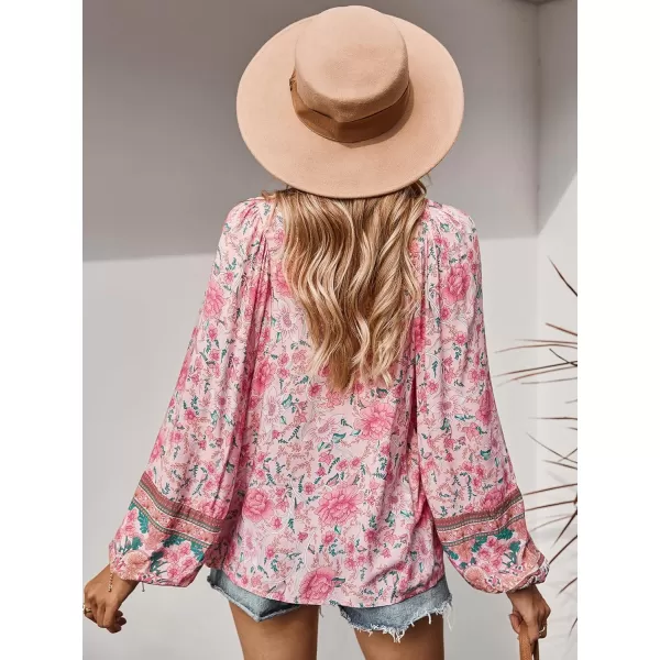 imagePRETTYGARDEN Womens Floral Ruffled Tunic Blouse Tie V Neck Casual Long Sleeve Babydoll Peplum Tops01pink