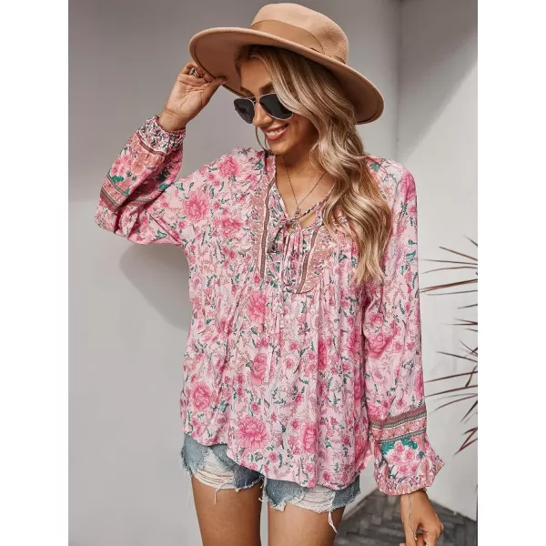 imagePRETTYGARDEN Womens Floral Ruffled Tunic Blouse Tie V Neck Casual Long Sleeve Babydoll Peplum Tops01pink