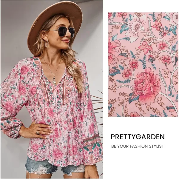 imagePRETTYGARDEN Womens Floral Ruffled Tunic Blouse Tie V Neck Casual Long Sleeve Babydoll Peplum Tops01pink