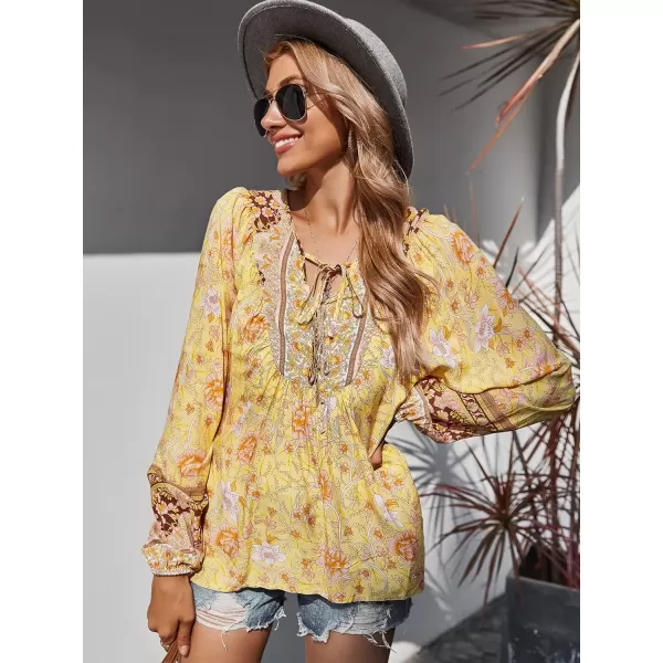 imagePRETTYGARDEN Womens Floral Ruffled Tunic Blouse Tie V Neck Casual Long Sleeve Babydoll Peplum Tops01yellow