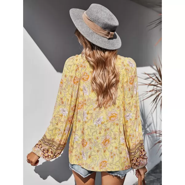 imagePRETTYGARDEN Womens Floral Ruffled Tunic Blouse Tie V Neck Casual Long Sleeve Babydoll Peplum Tops01yellow