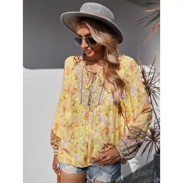 imagePRETTYGARDEN Womens Floral Ruffled Tunic Blouse Tie V Neck Casual Long Sleeve Babydoll Peplum Tops01yellow