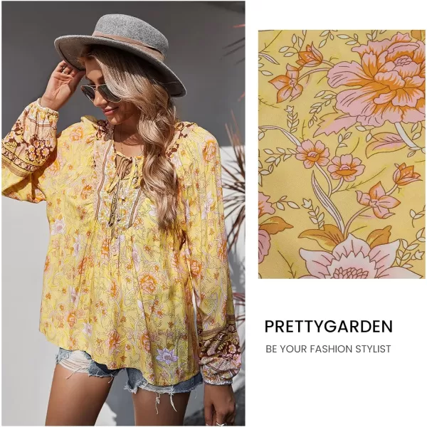 imagePRETTYGARDEN Womens Floral Ruffled Tunic Blouse Tie V Neck Casual Long Sleeve Babydoll Peplum Tops01yellow