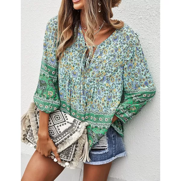 imagePRETTYGARDEN Womens Floral Ruffled Tunic Blouse Tie V Neck Casual Long Sleeve Babydoll Peplum Tops02green