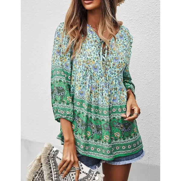 imagePRETTYGARDEN Womens Floral Ruffled Tunic Blouse Tie V Neck Casual Long Sleeve Babydoll Peplum Tops02green