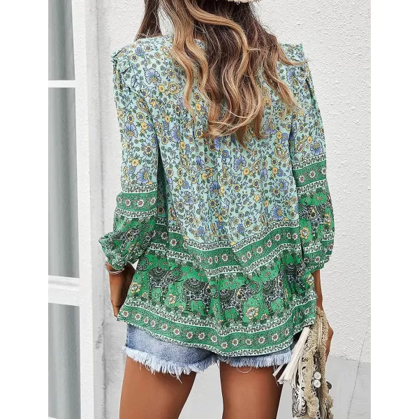 imagePRETTYGARDEN Womens Floral Ruffled Tunic Blouse Tie V Neck Casual Long Sleeve Babydoll Peplum Tops02green