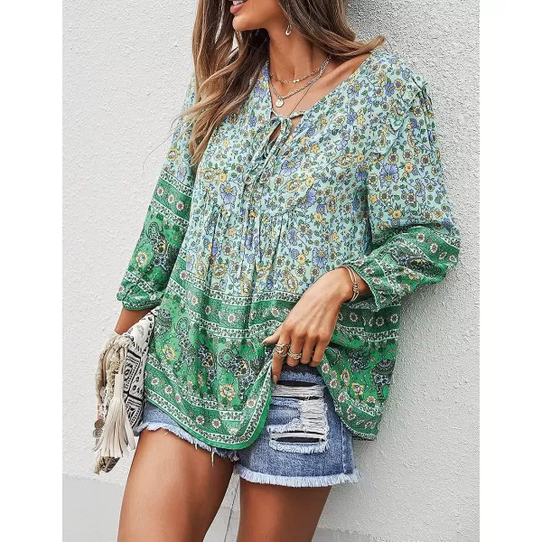 imagePRETTYGARDEN Womens Floral Ruffled Tunic Blouse Tie V Neck Casual Long Sleeve Babydoll Peplum Tops02green