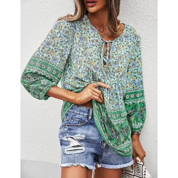 imagePRETTYGARDEN Womens Floral Ruffled Tunic Blouse Tie V Neck Casual Long Sleeve Babydoll Peplum Tops02green