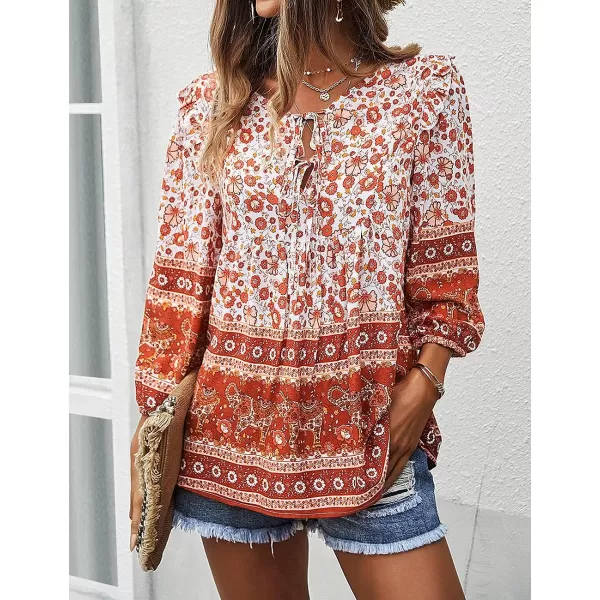 imagePRETTYGARDEN Womens Floral Ruffled Tunic Blouse Tie V Neck Casual Long Sleeve Babydoll Peplum Tops02red