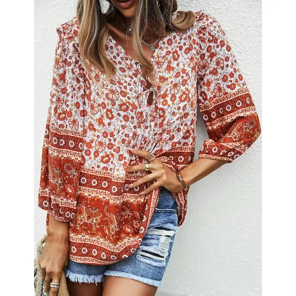 imagePRETTYGARDEN Womens Floral Ruffled Tunic Blouse Tie V Neck Casual Long Sleeve Babydoll Peplum Tops02red