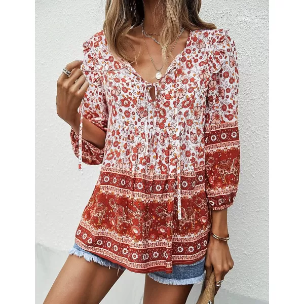 imagePRETTYGARDEN Womens Floral Ruffled Tunic Blouse Tie V Neck Casual Long Sleeve Babydoll Peplum Tops02red