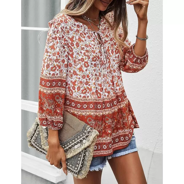 imagePRETTYGARDEN Womens Floral Ruffled Tunic Blouse Tie V Neck Casual Long Sleeve Babydoll Peplum Tops02red