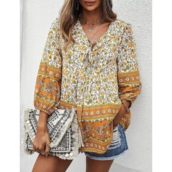 imagePRETTYGARDEN Womens Floral Ruffled Tunic Blouse Tie V Neck Casual Long Sleeve Babydoll Peplum Tops02yellow