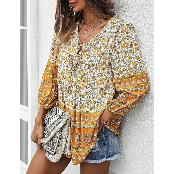 imagePRETTYGARDEN Womens Floral Ruffled Tunic Blouse Tie V Neck Casual Long Sleeve Babydoll Peplum Tops02yellow