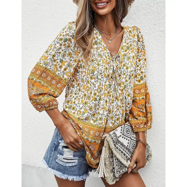 imagePRETTYGARDEN Womens Floral Ruffled Tunic Blouse Tie V Neck Casual Long Sleeve Babydoll Peplum Tops02yellow