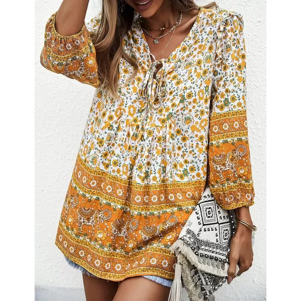 imagePRETTYGARDEN Womens Floral Ruffled Tunic Blouse Tie V Neck Casual Long Sleeve Babydoll Peplum Tops02yellow