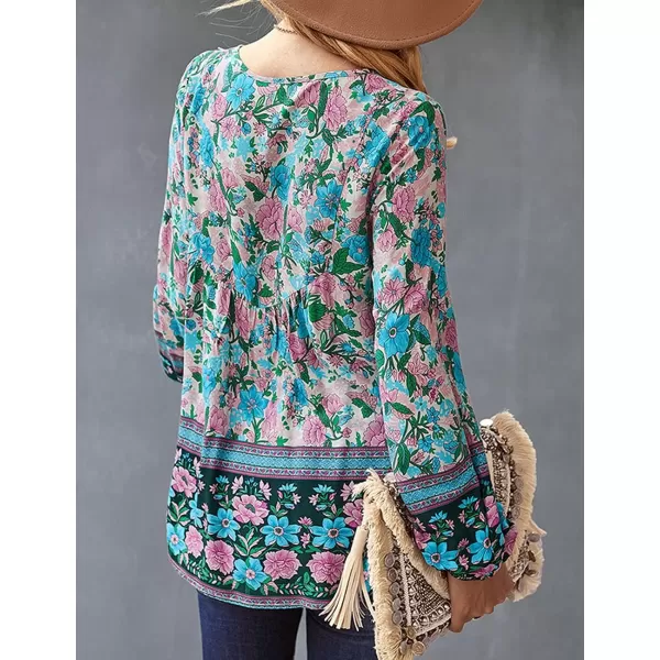 imagePRETTYGARDEN Womens Floral Ruffled Tunic Blouse Tie V Neck Casual Long Sleeve Babydoll Peplum Tops03green