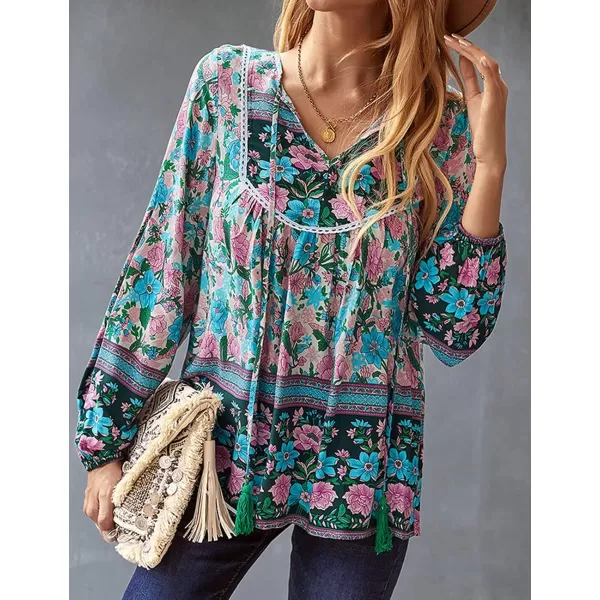 imagePRETTYGARDEN Womens Floral Ruffled Tunic Blouse Tie V Neck Casual Long Sleeve Babydoll Peplum Tops03green