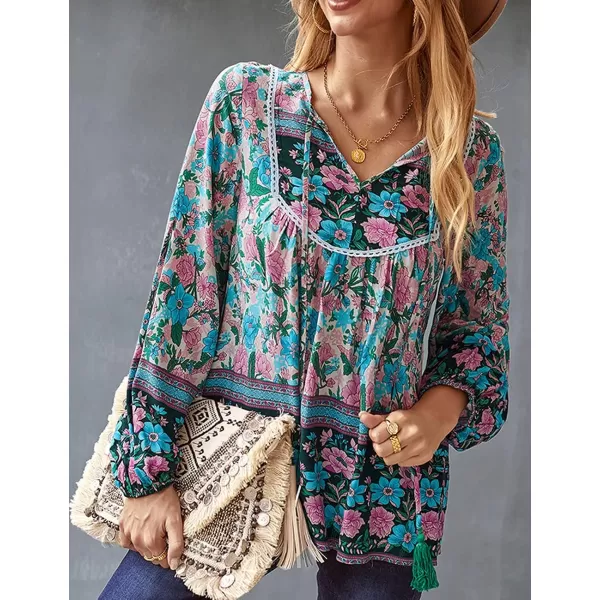 imagePRETTYGARDEN Womens Floral Ruffled Tunic Blouse Tie V Neck Casual Long Sleeve Babydoll Peplum Tops03green