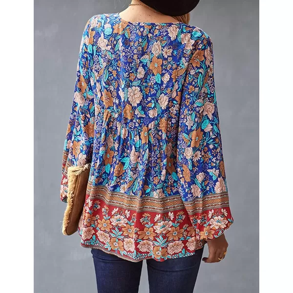 imagePRETTYGARDEN Womens Floral Ruffled Tunic Blouse Tie V Neck Casual Long Sleeve Babydoll Peplum Tops03navy