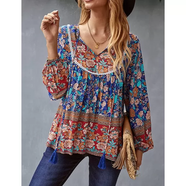 imagePRETTYGARDEN Womens Floral Ruffled Tunic Blouse Tie V Neck Casual Long Sleeve Babydoll Peplum Tops03navy