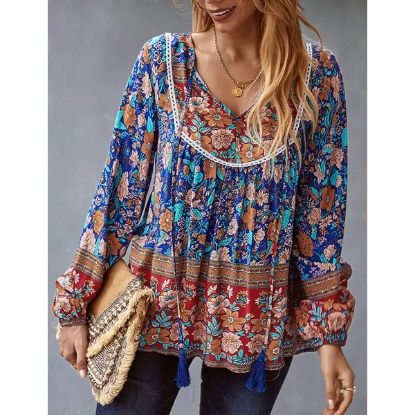 imagePRETTYGARDEN Womens Floral Ruffled Tunic Blouse Tie V Neck Casual Long Sleeve Babydoll Peplum Tops03navy