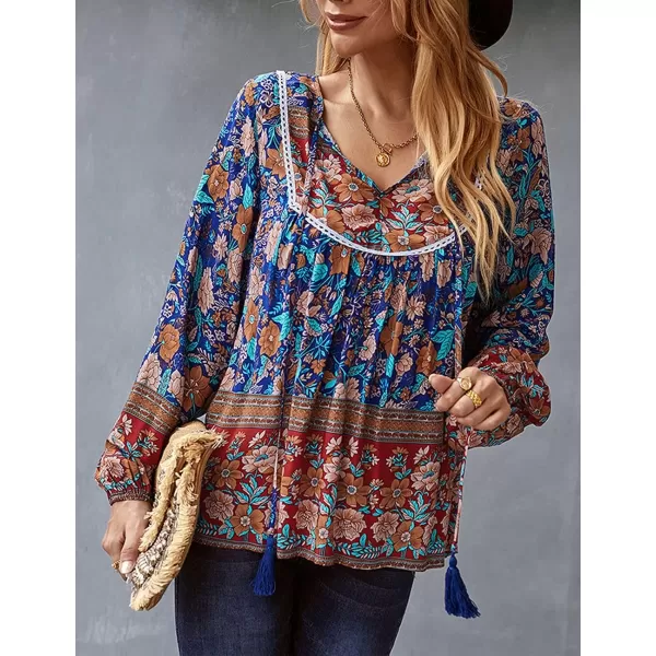 imagePRETTYGARDEN Womens Floral Ruffled Tunic Blouse Tie V Neck Casual Long Sleeve Babydoll Peplum Tops03navy