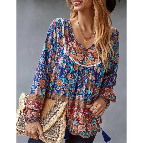 imagePRETTYGARDEN Womens Floral Ruffled Tunic Blouse Tie V Neck Casual Long Sleeve Babydoll Peplum Tops03navy