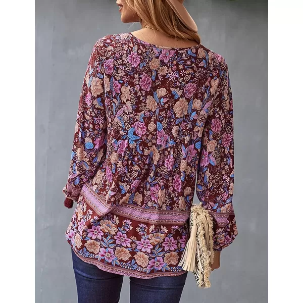 imagePRETTYGARDEN Womens Floral Ruffled Tunic Blouse Tie V Neck Casual Long Sleeve Babydoll Peplum Tops03wine Red