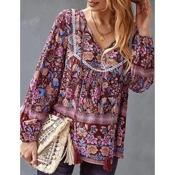 imagePRETTYGARDEN Womens Floral Ruffled Tunic Blouse Tie V Neck Casual Long Sleeve Babydoll Peplum Tops03wine Red