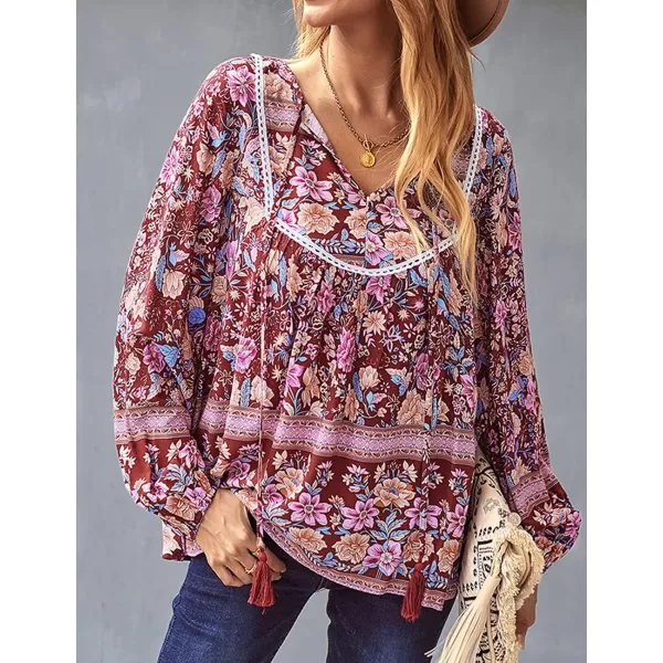 imagePRETTYGARDEN Womens Floral Ruffled Tunic Blouse Tie V Neck Casual Long Sleeve Babydoll Peplum Tops03wine Red