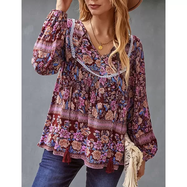 imagePRETTYGARDEN Womens Floral Ruffled Tunic Blouse Tie V Neck Casual Long Sleeve Babydoll Peplum Tops03wine Red