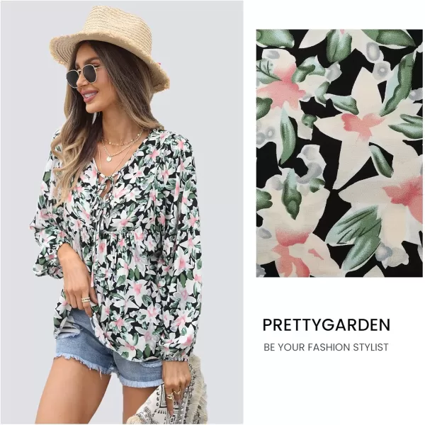 imagePRETTYGARDEN Womens Floral Ruffled Tunic Blouse Tie V Neck Casual Long Sleeve Babydoll Peplum TopsBlack
