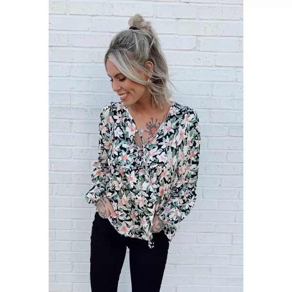 imagePRETTYGARDEN Womens Floral Ruffled Tunic Blouse Tie V Neck Casual Long Sleeve Babydoll Peplum TopsBlack