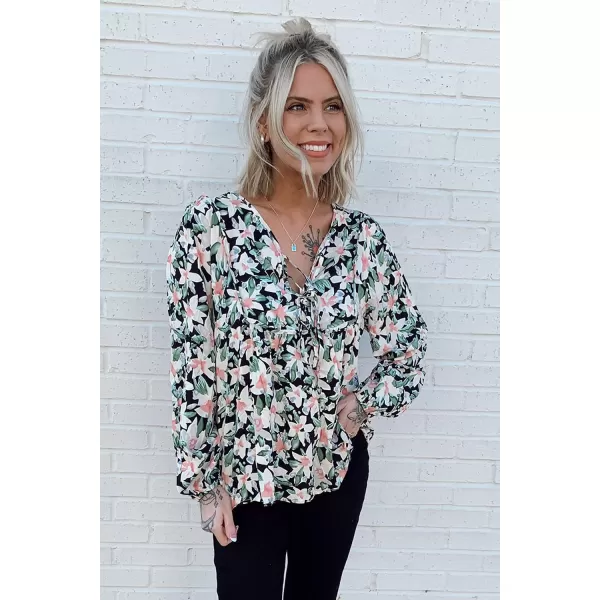 imagePRETTYGARDEN Womens Floral Ruffled Tunic Blouse Tie V Neck Casual Long Sleeve Babydoll Peplum TopsBlack
