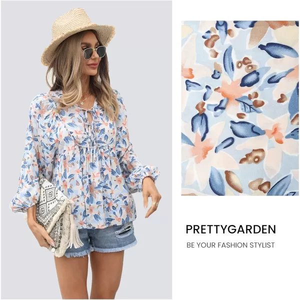 imagePRETTYGARDEN Womens Floral Ruffled Tunic Blouse Tie V Neck Casual Long Sleeve Babydoll Peplum TopsBlue
