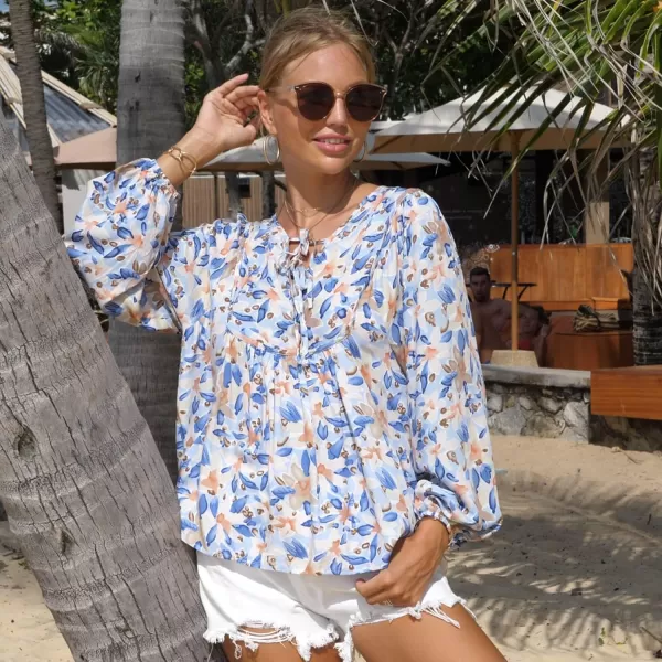 imagePRETTYGARDEN Womens Floral Ruffled Tunic Blouse Tie V Neck Casual Long Sleeve Babydoll Peplum TopsBlue