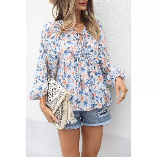 imagePRETTYGARDEN Womens Floral Ruffled Tunic Blouse Tie V Neck Casual Long Sleeve Babydoll Peplum TopsBlue