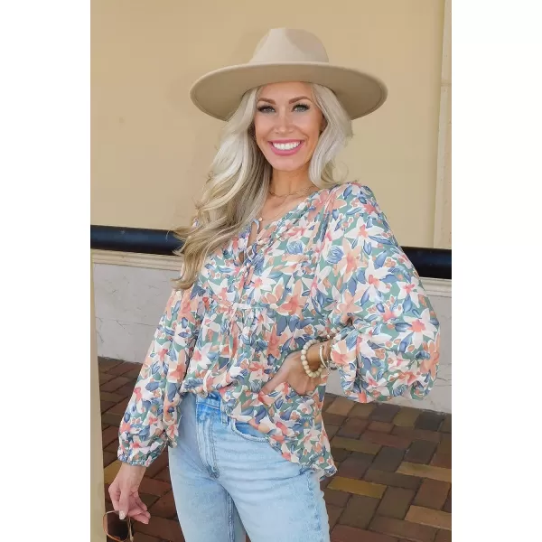 imagePRETTYGARDEN Womens Floral Ruffled Tunic Blouse Tie V Neck Casual Long Sleeve Babydoll Peplum TopsGreen