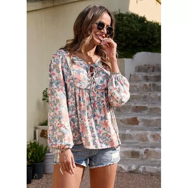 imagePRETTYGARDEN Womens Floral Ruffled Tunic Blouse Tie V Neck Casual Long Sleeve Babydoll Peplum TopsGreen