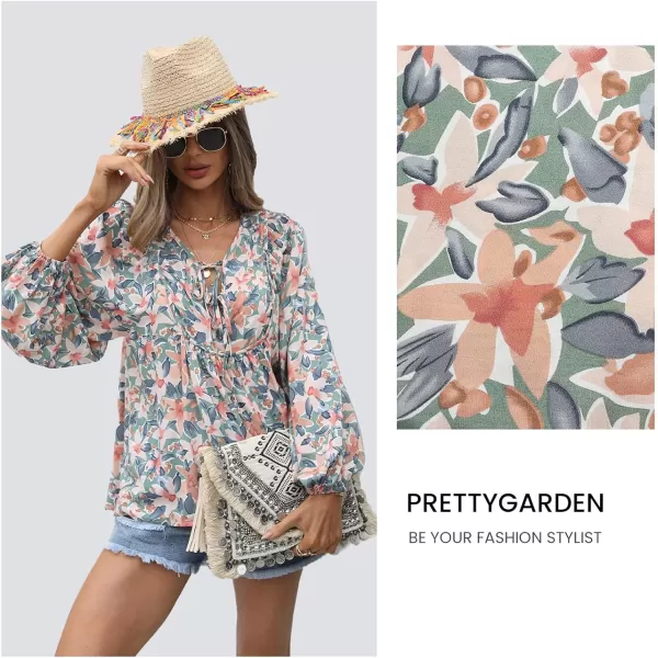 imagePRETTYGARDEN Womens Floral Ruffled Tunic Blouse Tie V Neck Casual Long Sleeve Babydoll Peplum TopsGreen